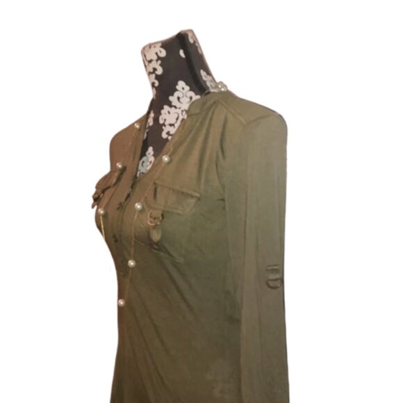 womens olive Green  long sleeve Bodycon Dress W/ Bronze Hardware - Picture 6 of 13